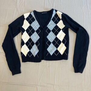 Brandy Melville Knit Cardigan Sweater Womens Navy Blue Argyle Print Soft Cozy XS